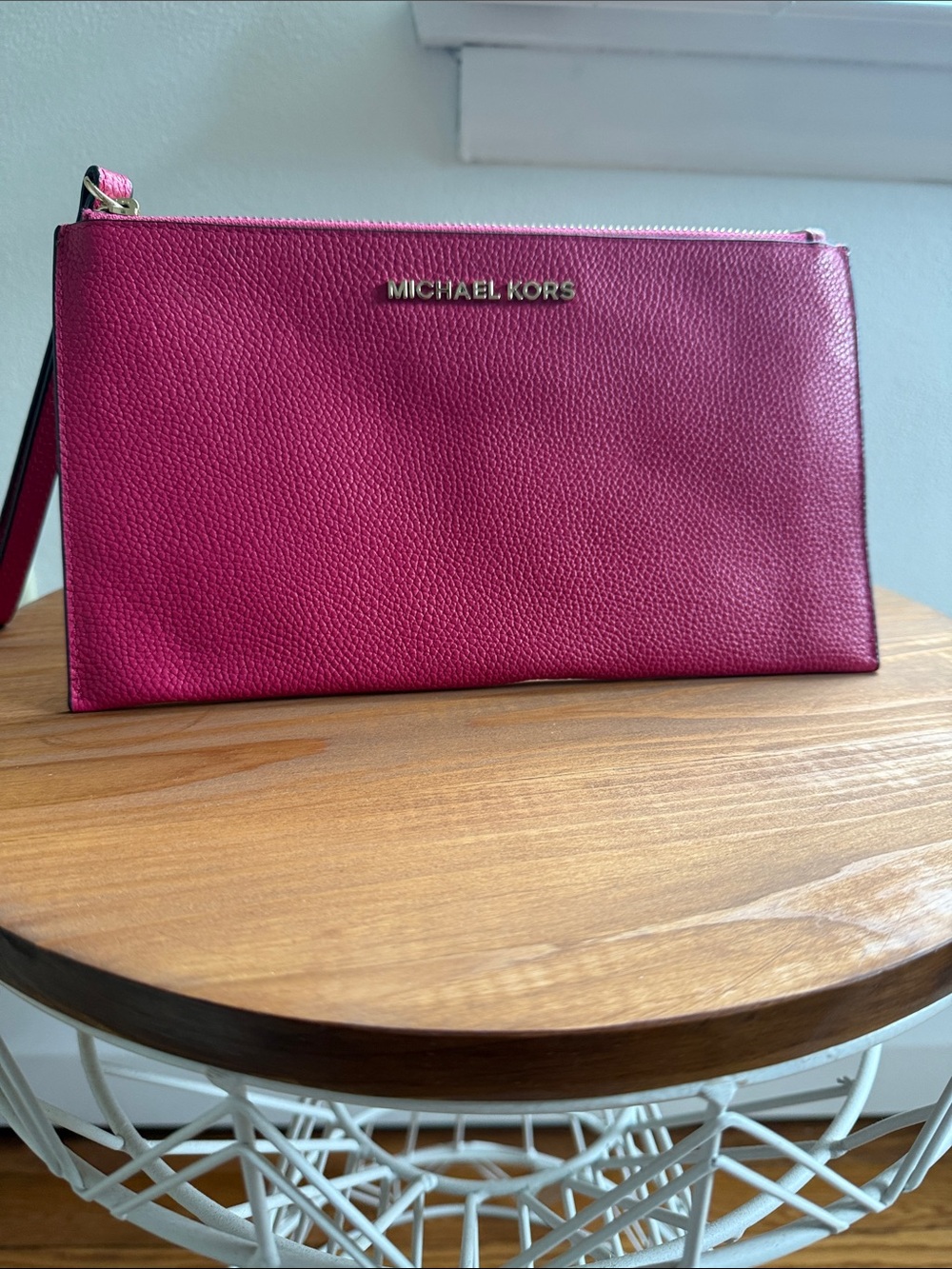 Michael Kors Pink Pebbled Leather Wristlet Clutch with Gold Logo